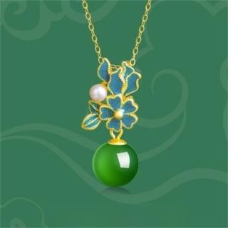 【LEEHER】S925/金色綠玉髓/新中式/瑪瑙項鍊/吊墜/花朵吊墜/古風/玉石/掛件/穿搭配件/項鍊/純銀項鍊/銀