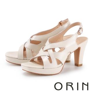 【ORIN】時尚真皮交織粗高跟涼鞋(米色)