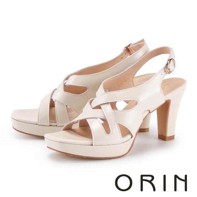 【ORIN】時尚真皮交織粗高跟涼鞋(米色)