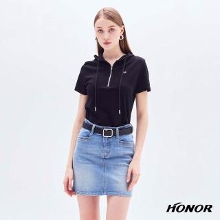 【HONOR 山形屋】運動風半拉鍊弧擺連帽上衣-黑/藍