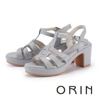 【ORIN】羅馬編織真皮交織粗高跟涼鞋(灰藍)