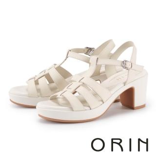 【ORIN】羅馬編織真皮交織粗高跟涼鞋(白色)