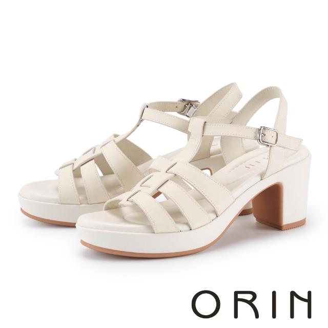 【ORIN】羅馬編織真皮交織粗高跟涼鞋(白色)