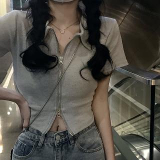 【D.studio】韓版翻領拉鍊顯瘦短版上衣(襯衫短袖上衣短袖t恤女裝顯瘦上衣衣服素T短板上衣外套 T526)