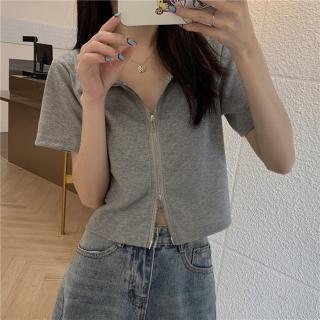 【D.studio】韓版翻領拉鍊設計感短版上衣(短袖上衣短袖t恤女裝顯瘦上衣衣服寬鬆上衣 素T 短板上衣 T526)