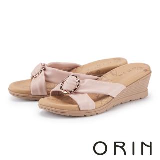【ORIN】質感羊皮柔軟楔型交織拖鞋(粉色)