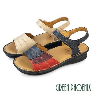 【GREEN PHOENIX 波兒德】女 涼鞋 厚底 小坡跟 吸震減壓 全真皮 牛皮 臺灣製(藍色、米色)