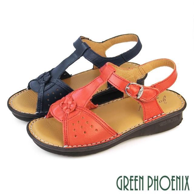 【GREEN PHOENIX 波兒德】女 涼鞋 厚底 小坡跟 吸震減壓 全真皮 牛皮 台灣製(紅色、藍色)