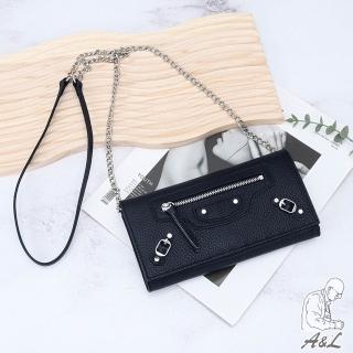 【A&L 老工匠】真皮頭層牛皮Rufina機車包款鉚釘鏈條斜背WOC長夾(經典黑)