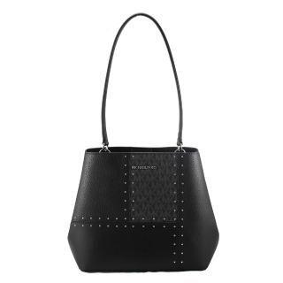 【Michael Kors】PRATT新款拼接鉚釘美型皮革手提/肩背/水桶包(黑)