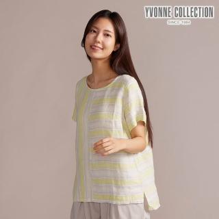 【YVONNE 以旺傢飾】網路限定｜寬條紋拼接亞麻短袖上衣-淺綠