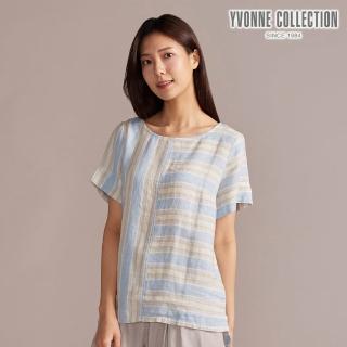 【YVONNE 以旺傢飾】網路限定｜寬條紋拼接亞麻短袖上衣-淺藍