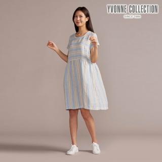 【YVONNE 以旺傢飾】網路限定｜寬條紋拼接亞麻短袖洋裝-淺藍