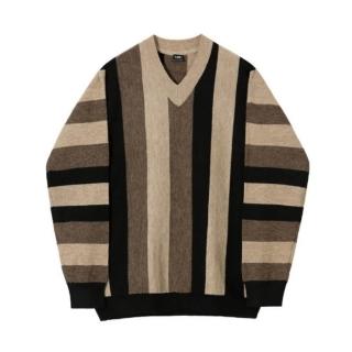 【紐約精品】現貨+預購 針織衫長袖T恤(加厚條紋撞色V領男上衣咖啡色a1io58)