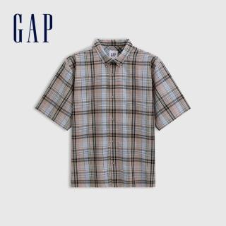 【GAP】男裝 翻領短袖襯衫-棕色格紋(731134)