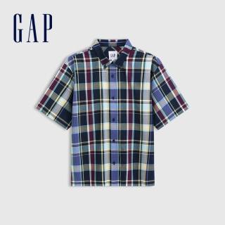 【GAP】男裝 翻領短袖襯衫-海軍藍格紋(731134)