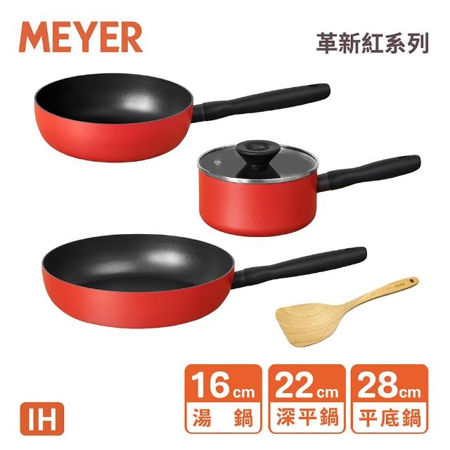 【MEYER 美亞】革新紅系列IH陶瓷不沾鍋3鍋組(平底鍋28cm+湯鍋16cm含蓋+小炒鍋22cm+木鏟)