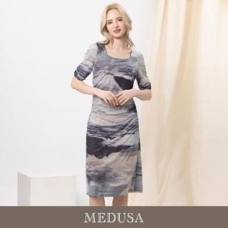 【MEDUSA 曼度莎】現貨-水墨優雅超高彈性抽褶小禮服（M-L）｜小禮服 媽媽禮服 媽媽洋裝(601-92606)