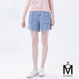【MYVEGA 麥雪爾】MA棉質後鬆緊腰牛仔短褲-淺藍