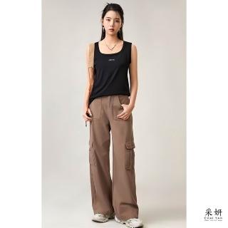 【CHAI YAN 採妍】字母膠標粗肩帶寬鬆圓領背心上衣(春夏新款上衣-65-78公斤可穿)
