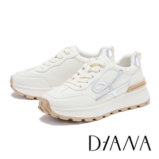 【DIANA】真皮撞色線條厚底休閒鞋(米+銀)