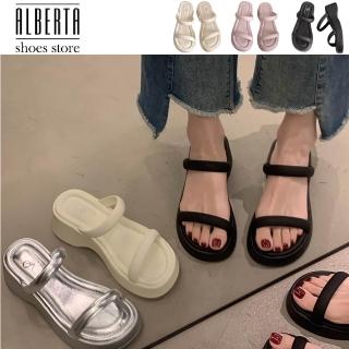 【Alberta】跟高5.5cm 粗跟涼鞋 二條帶厚底涼拖鞋 懶人鞋 休閒鞋 3色
