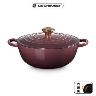 【Le Creuset】盒損福利品 典藏琺瑯鑄鐵鍋媽咪鍋 26cm(無花果-金頭-內鍋黑)