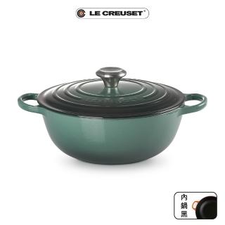 【Le Creuset】盒損福利品 典藏琺瑯鑄鐵鍋媽咪鍋26cm(綠光森林-鋼頭-內鍋黑)