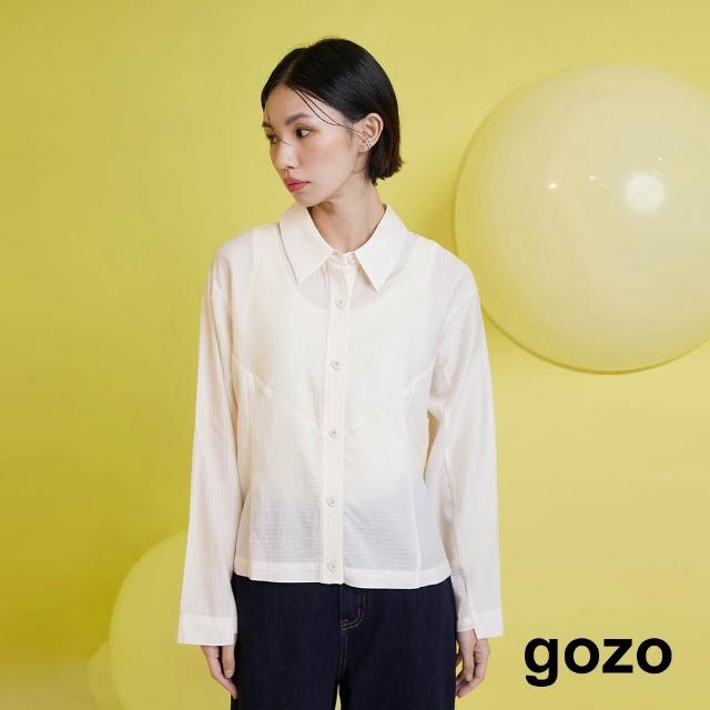 【gozo】天絲暗條紋拼接造型長袖襯衫(米色)