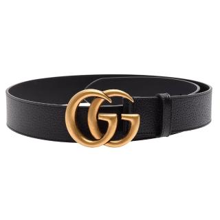 【GUCCI 古馳】GUCCI經典仿舊金色金屬雙G LOGO小牛皮釦式腰帶/皮帶(黑406831-DJ20T-1000)