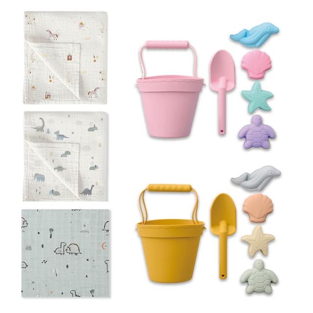 【bimbidreams】寶寶夏日玩樂禮 竹纖維紗布包巾120x120cm+奇哥矽膠沙灘玩具6件組(紗布被 哺乳巾 嬰兒毯)