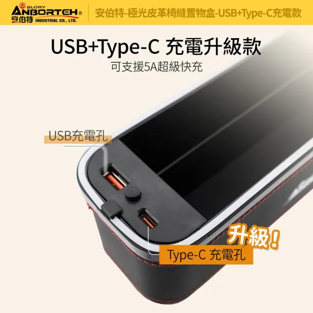 【ANBORTEH 安伯特】極光皮革椅縫置物盒-USB+Type-C充電款-快(汽車座椅置物盒 椅縫置物盒 車用收納)