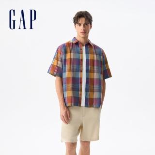 【GAP】男裝 翻領短袖襯衫-黃色格紋(731134)