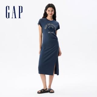 【GAP】女裝 Logo純棉印花圓領短袖洋裝-藍色(765950)