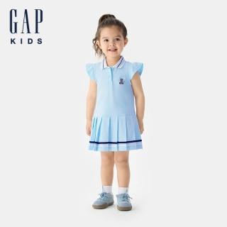 【GAP】女幼童裝 Logo小熊刺繡布章翻領無袖洋裝 布萊納系列-淺藍色(767078)
