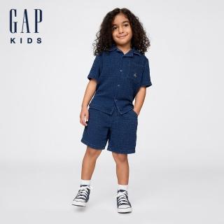 【GAP】男幼童裝 純棉小熊刺繡翻領短袖短褲家居套裝-中度水洗(780749)