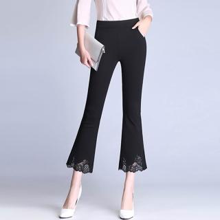 【K.W.】現貨迎新春韓國進口時尚蕾絲人氣造型休閒微喇叭褲(棉麻 中長裙 小香風 涼感褲 牛仔褲 輕薄 涼感裙)