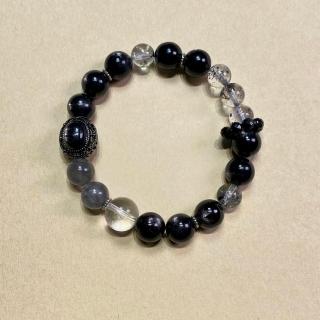 【佰財水晶珠寶】天然高品質金運石和透體閃靈鑽和灰藍兔毛DIY手串9mm
