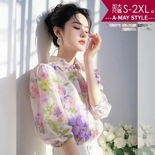 【Amay Style 艾美時尚】夏新品 中大尺碼女裝 上衣 襯衫 法式浪漫設計感優雅印花雪紡衫。S-2XL(5色.預購)