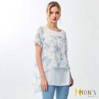 【MON’S】雪紡印花層次拼接長版上衣