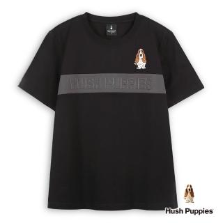 【Hush Puppies】男裝 T恤 簡約配色拼接立體品牌英文刺繡狗T恤(黑色 / 53111205)
