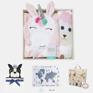 【Hudson Baby】彌月禮盒組-純棉嬰幼兒童動物連帽浴巾+嬰兒成長紀錄萬用透氣竹纖維雙層紗布包巾(哺乳巾)