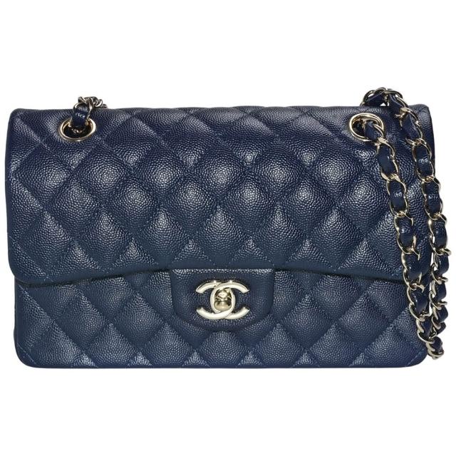 【CHANEL 香奈兒】經典COCO菱格粒紋牛皮雙鍊肩背包(23cm深藍色A01113C-DARKBLUE-GP)