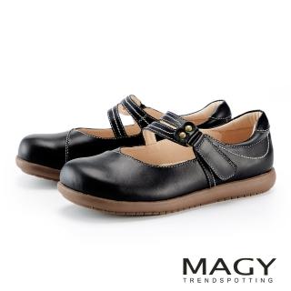【MAGY】牛皮圓方頭寬帶瑪麗珍平底休閒鞋(黑色)