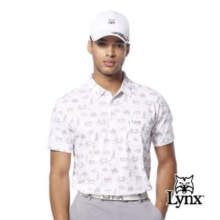 【Lynx Golf】男款吸溼排汗機能滿版觀光景點圖樣繡花胸袋款短袖POLO衫/高爾夫球衫(白色)