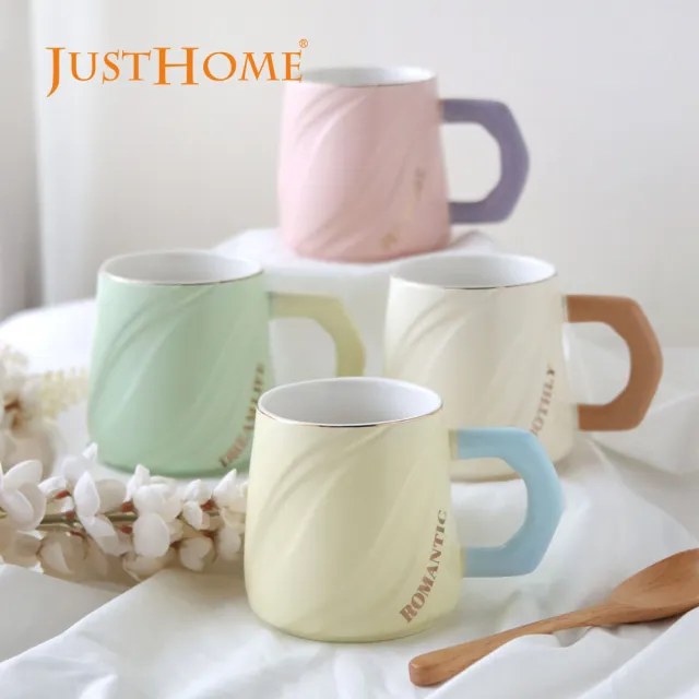 【Just Home】粉嫩樂園陶瓷馬克杯-4入組附收納架(400ml 杯 水杯 拿鐵杯 咖啡杯 茶杯 杯子)