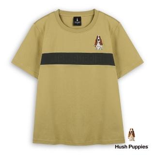 【Hush Puppies】男裝 T恤 簡約配色拼接立體品牌英文刺繡狗T恤(深卡其 / 53111205)