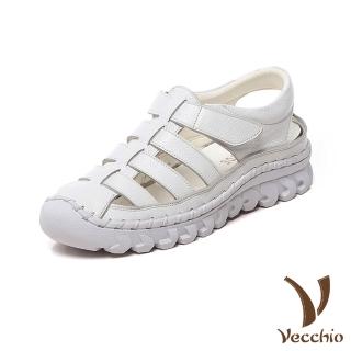 【Vecchio】真皮涼鞋 厚底涼鞋 羅馬涼鞋/全真皮頭層牛皮手工縫線魔鬼粘厚底羅馬涼鞋(白)