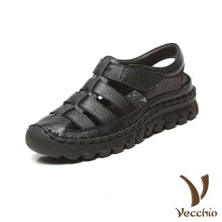 【Vecchio】真皮涼鞋 厚底涼鞋 羅馬涼鞋/全真皮頭層牛皮手工縫線魔鬼粘厚底羅馬涼鞋(黑)