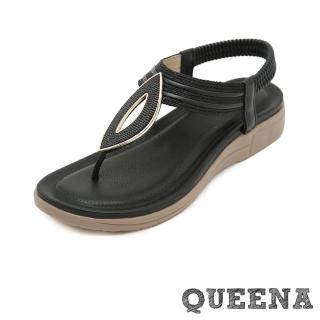 【QUEENA】厚底涼鞋 T字涼鞋/波西米亞民族風水鑽馬眼釦飾T字夾腳厚底羅馬涼鞋(黑)